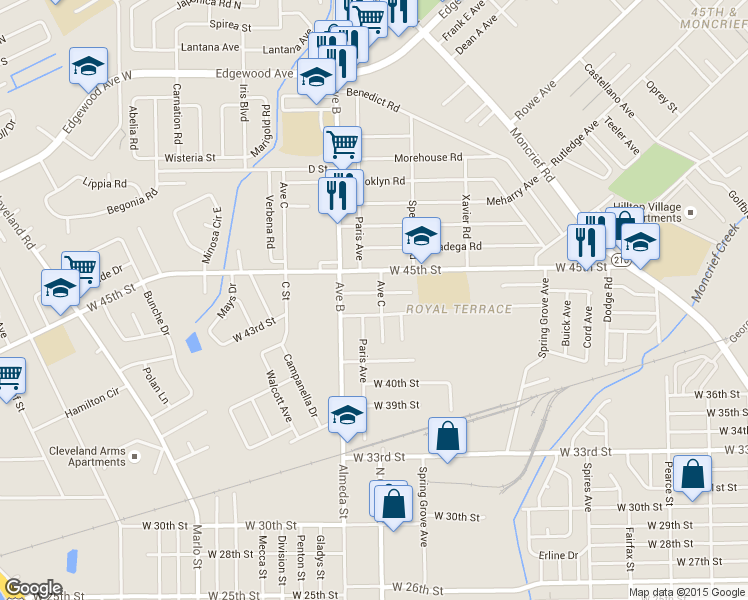 map of restaurants, bars, coffee shops, grocery stores, and more near 2210 West 44th Street in Jacksonville
