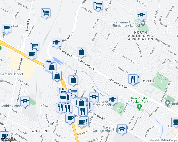 map of restaurants, bars, coffee shops, grocery stores, and more near 1727 Harliquin Run in Austin
