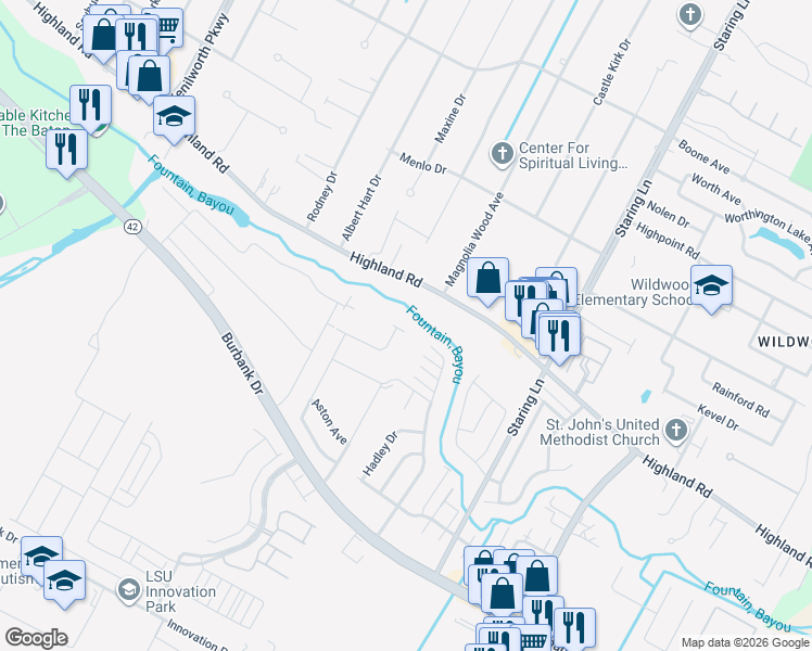 map of restaurants, bars, coffee shops, grocery stores, and more near 8634 Arabella Avenue in Baton Rouge