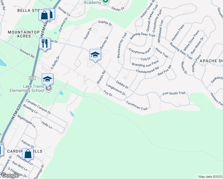 map of restaurants, bars, coffee shops, grocery stores, and more near 14805 Longbranch Drive in Austin