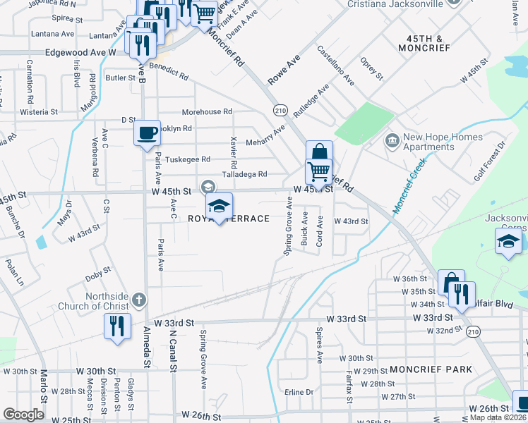 map of restaurants, bars, coffee shops, grocery stores, and more near 1959 Spring Drive Road in Jacksonville