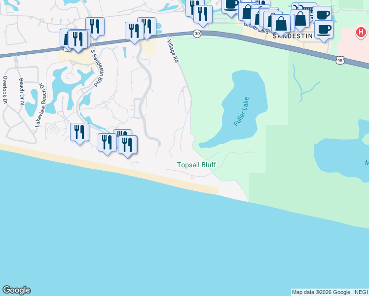 map of restaurants, bars, coffee shops, grocery stores, and more near 211 Missile Hill Road in Santa Rosa Beach