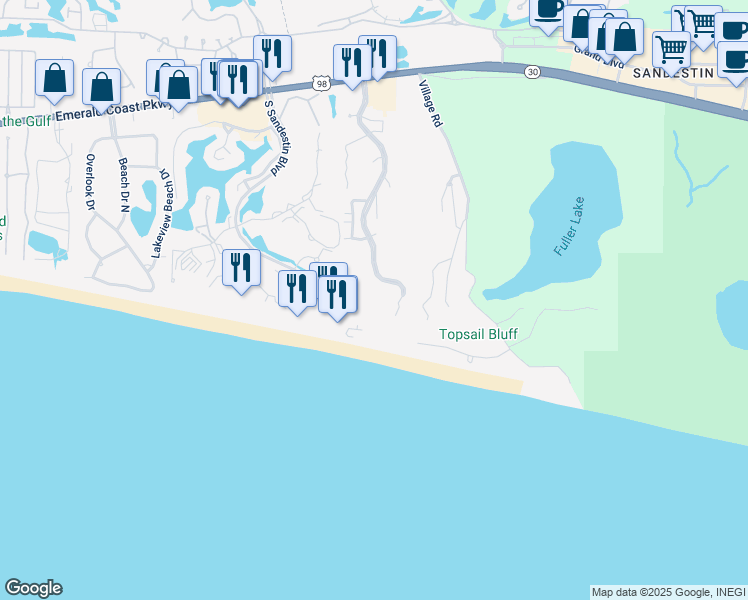 map of restaurants, bars, coffee shops, grocery stores, and more near 550 Tops'l Beach Boulevard in Destin