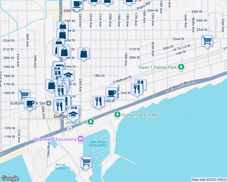 map of restaurants, bars, coffee shops, grocery stores, and more near 1601 19th Avenue in Gulfport