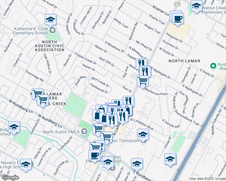 map of restaurants, bars, coffee shops, grocery stores, and more near 902 Fieldwood Drive in Austin