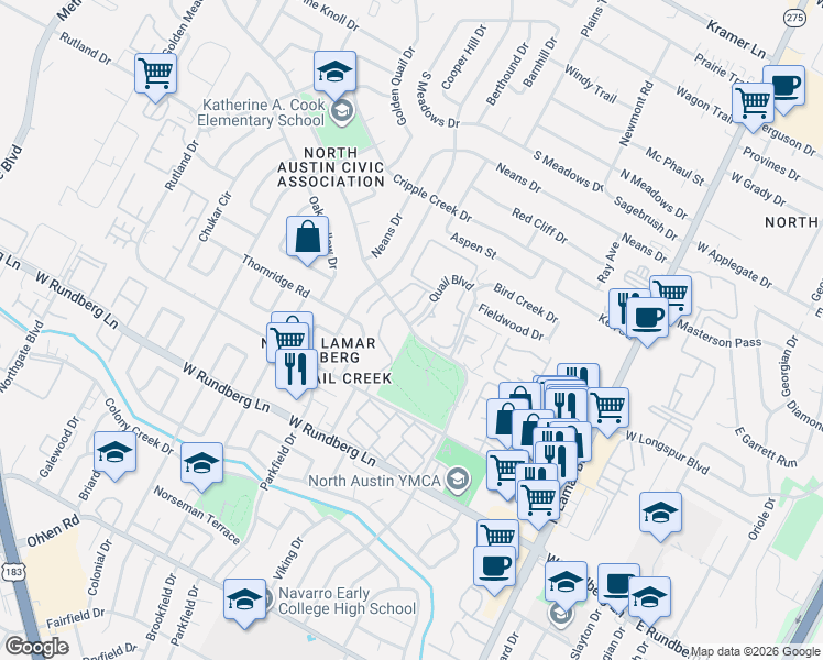 map of restaurants, bars, coffee shops, grocery stores, and more near 109 Mearns Meadow Boulevard in Austin