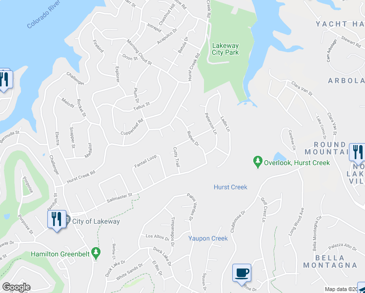 map of restaurants, bars, coffee shops, grocery stores, and more near 520 Cutty Trail in Lakeway