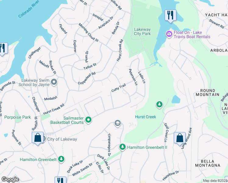 map of restaurants, bars, coffee shops, grocery stores, and more near 520 Cutty Trail in Lakeway