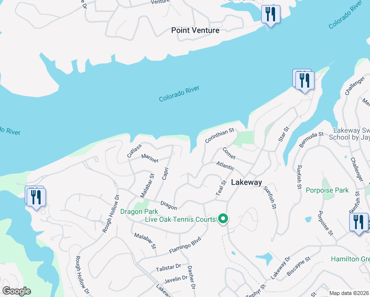 map of restaurants, bars, coffee shops, grocery stores, and more near 607 Cutlass in Lakeway