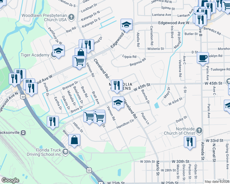 map of restaurants, bars, coffee shops, grocery stores, and more near 5534 Cleveland Road in Jacksonville