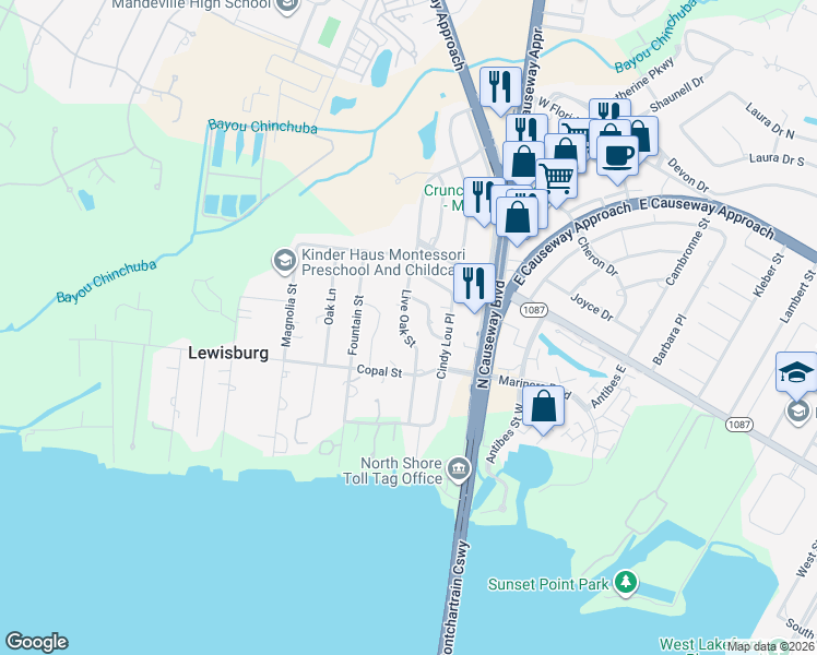 map of restaurants, bars, coffee shops, grocery stores, and more near 211 Live Oak Street in Mandeville