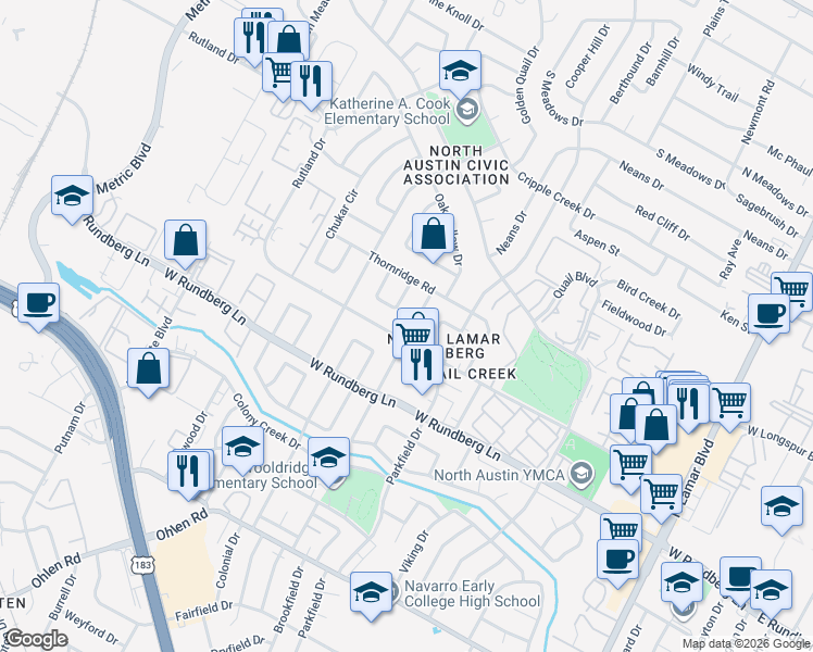 map of restaurants, bars, coffee shops, grocery stores, and more near 9502 Gambels Quail Drive in Austin
