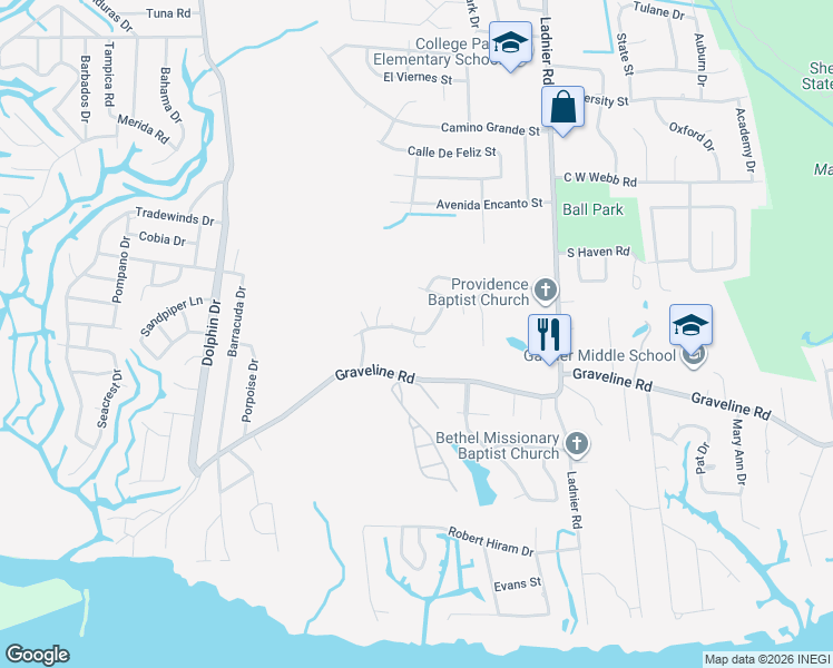 map of restaurants, bars, coffee shops, grocery stores, and more near 2552 Azalea Trail in Gautier