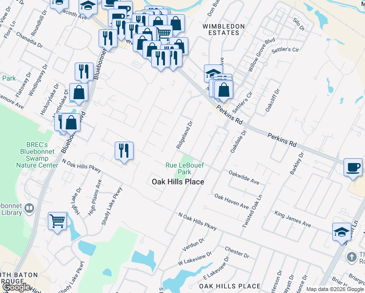 map of restaurants, bars, coffee shops, grocery stores, and more near 1510 Ridgeland Drive in Baton Rouge