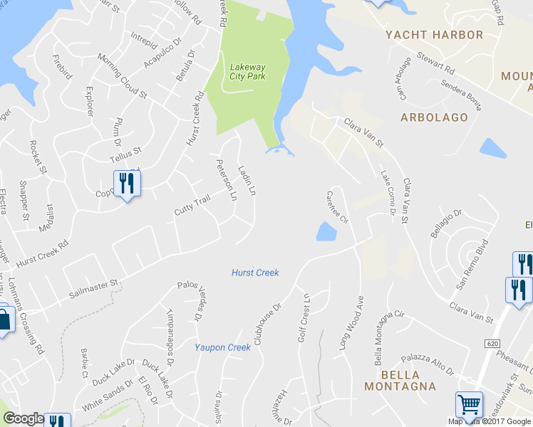 map of restaurants, bars, coffee shops, grocery stores, and more near 520 Ladin Lane in Lakeway