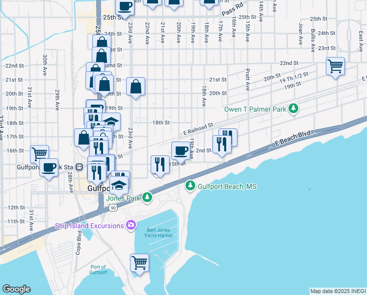 map of restaurants, bars, coffee shops, grocery stores, and more near 1916 2nd Street in Gulfport