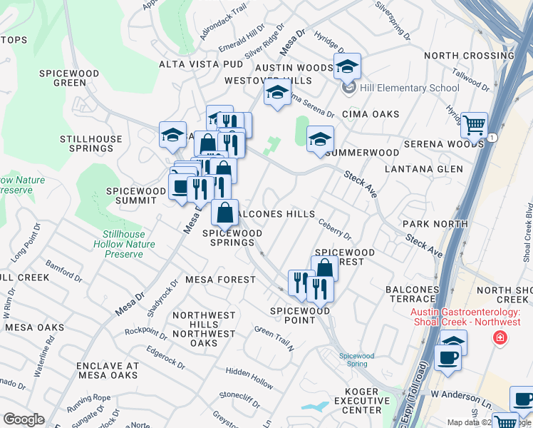 map of restaurants, bars, coffee shops, grocery stores, and more near 8022 Raintree Place in Austin