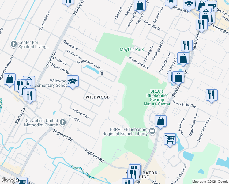 map of restaurants, bars, coffee shops, grocery stores, and more near 848 Myrtle View Drive in Baton Rouge