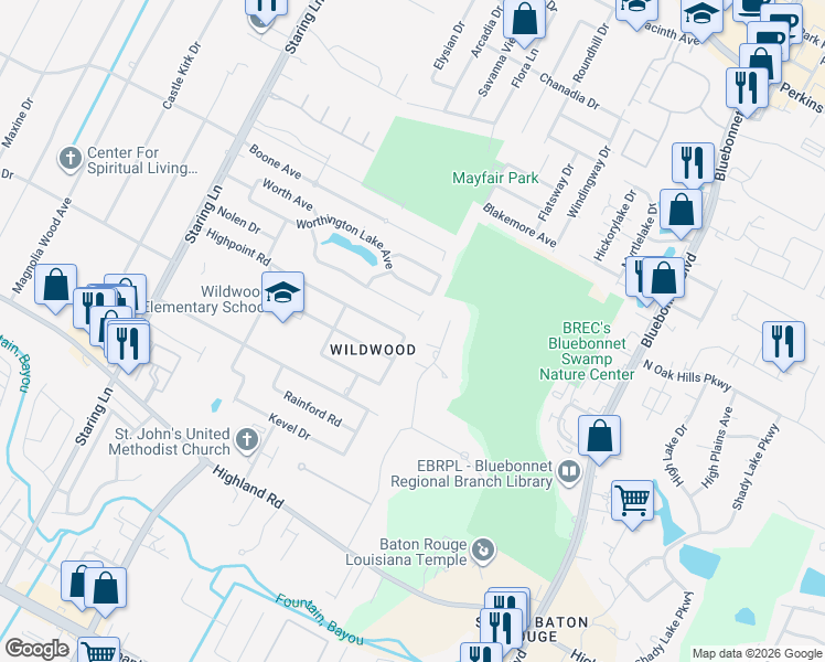 map of restaurants, bars, coffee shops, grocery stores, and more near 9551 Highpoint Road in Baton Rouge