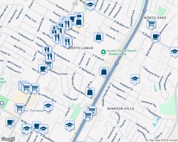 map of restaurants, bars, coffee shops, grocery stores, and more near 10500 Mcmillian Drive in Austin