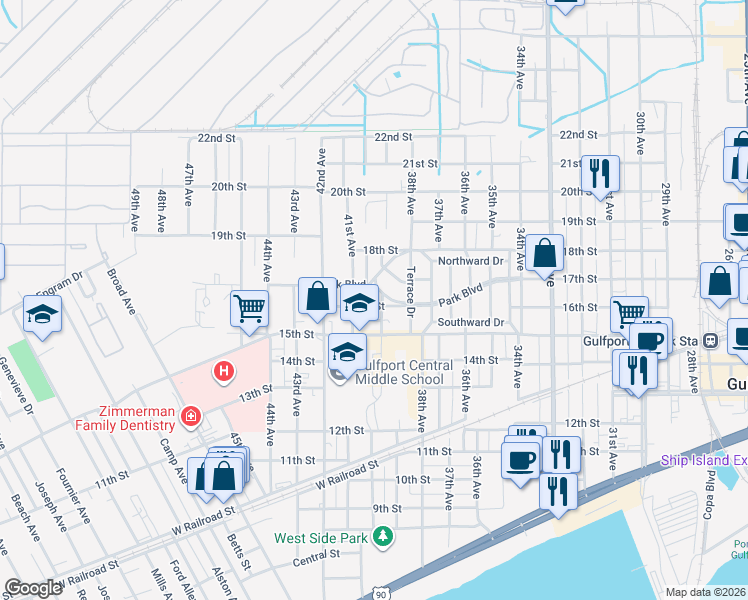 map of restaurants, bars, coffee shops, grocery stores, and more near 3900 16th Street in Gulfport