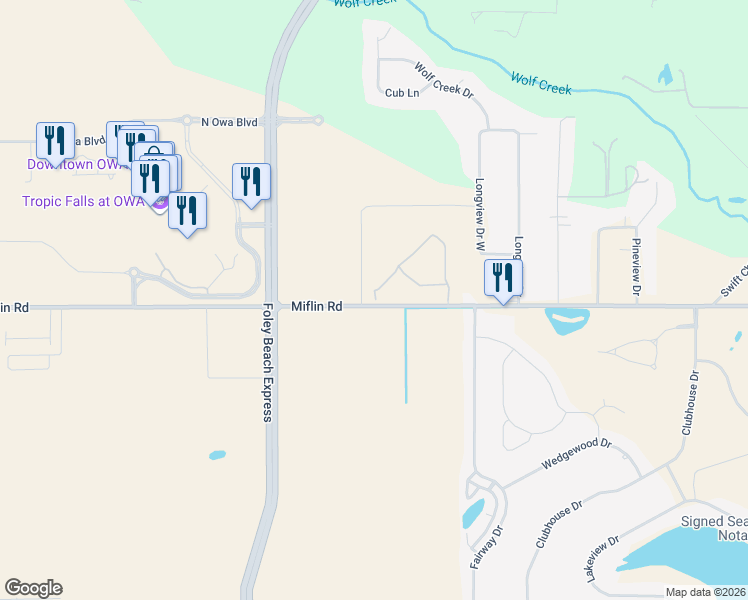 map of restaurants, bars, coffee shops, grocery stores, and more near 10390 Frank Cole Ln in Foley
