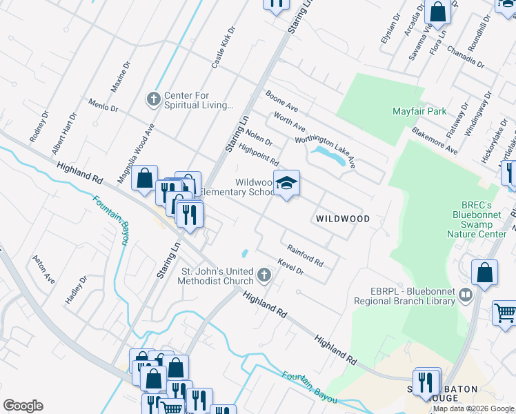 map of restaurants, bars, coffee shops, grocery stores, and more near 9201 Kingcrest Parkway in Baton Rouge
