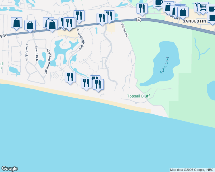 map of restaurants, bars, coffee shops, grocery stores, and more near 550 Tops'l Beach Boulevard in Destin