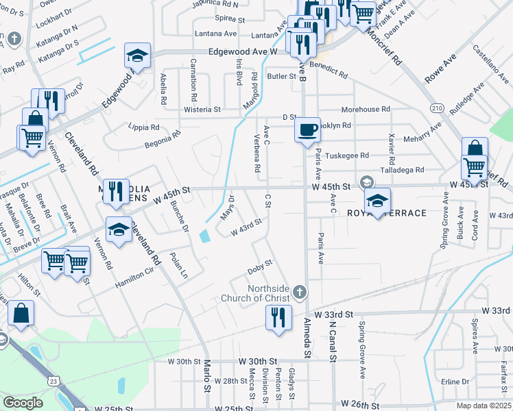map of restaurants, bars, coffee shops, grocery stores, and more near 5325 Oaktrail Lane in Jacksonville