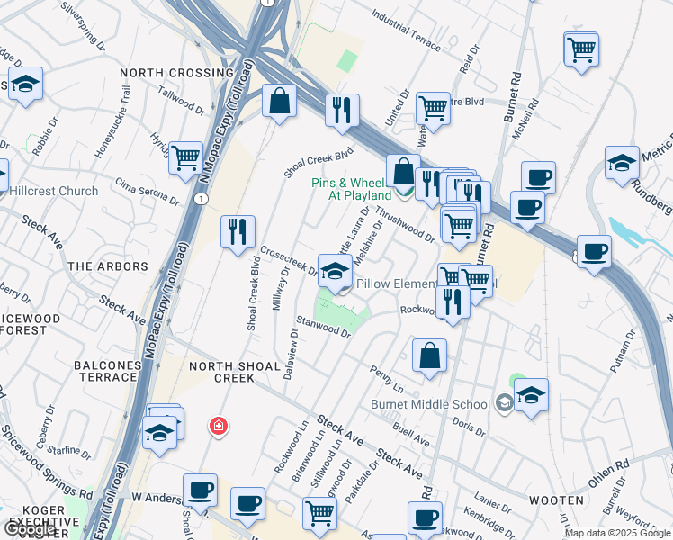 map of restaurants, bars, coffee shops, grocery stores, and more near 8600 Little Laura Drive in Austin