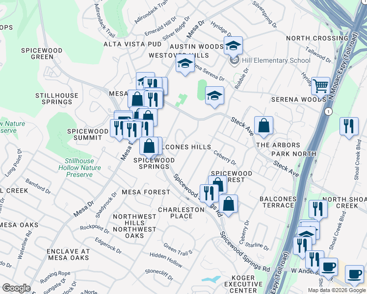map of restaurants, bars, coffee shops, grocery stores, and more near 8022 Raintree Place in Austin
