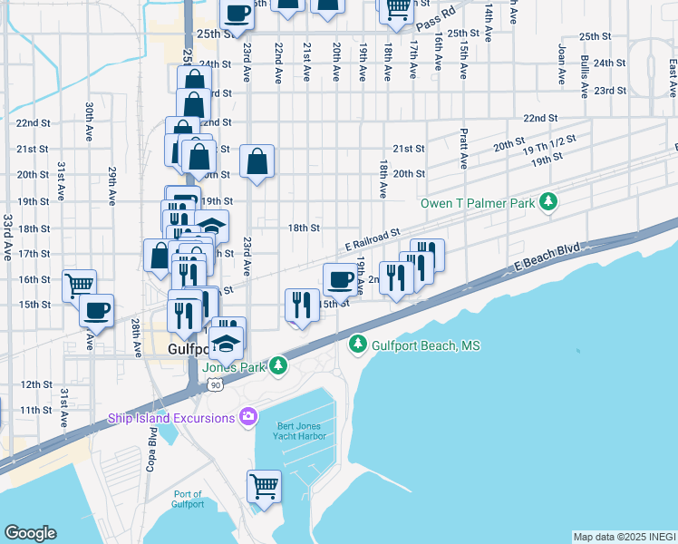 map of restaurants, bars, coffee shops, grocery stores, and more near 1608 20th Avenue in Gulfport