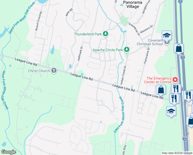 map of restaurants, bars, coffee shops, grocery stores, and more near 186 Thunderbird Drive in Conroe