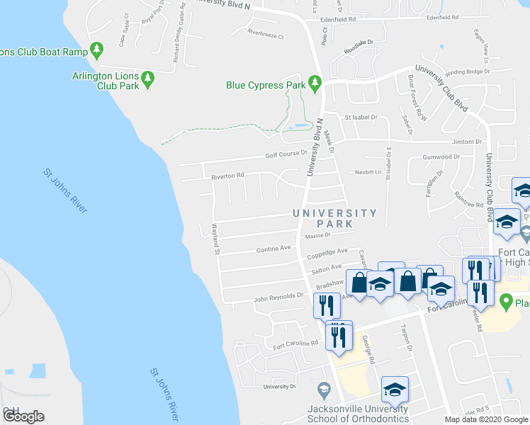 map of restaurants, bars, coffee shops, grocery stores, and more near 5413 Sanders Road in Jacksonville