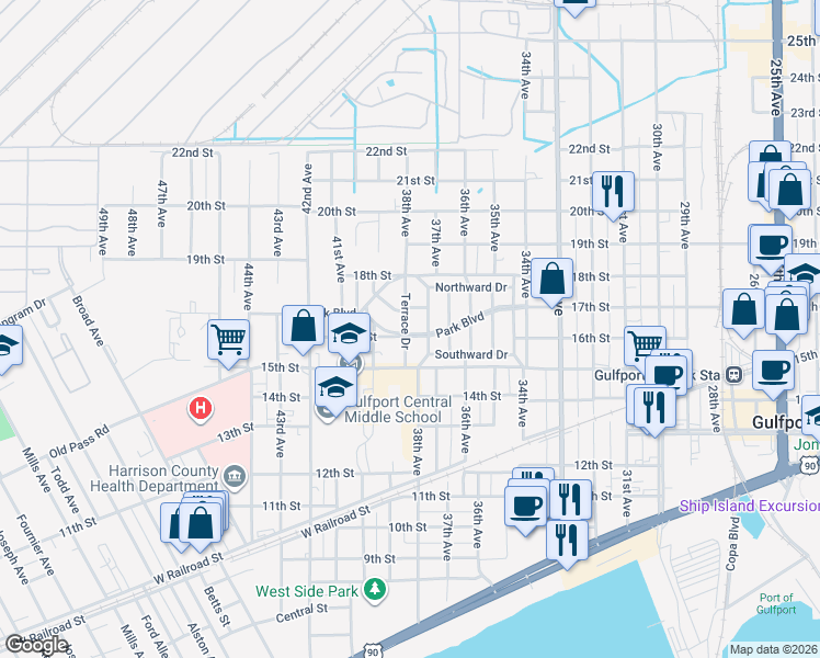 map of restaurants, bars, coffee shops, grocery stores, and more near 1616 Terrace Drive in Gulfport