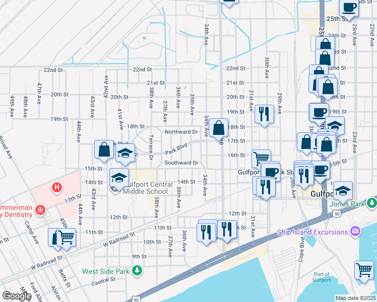 map of restaurants, bars, coffee shops, grocery stores, and more near 1609 Fern Avenue in Gulfport