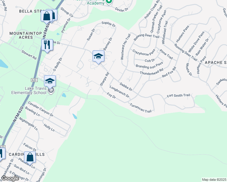 map of restaurants, bars, coffee shops, grocery stores, and more near 14805 Longbranch Drive in Austin