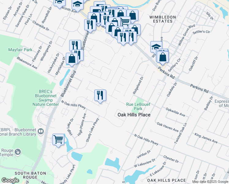 map of restaurants, bars, coffee shops, grocery stores, and more near 10712 Mcshay Avenue in Baton Rouge