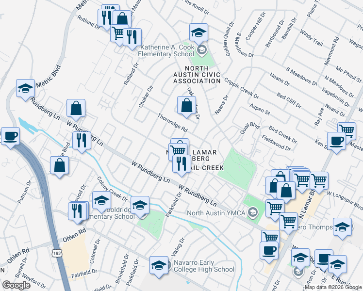 map of restaurants, bars, coffee shops, grocery stores, and more near 9507 Gambels Quail Drive in Austin