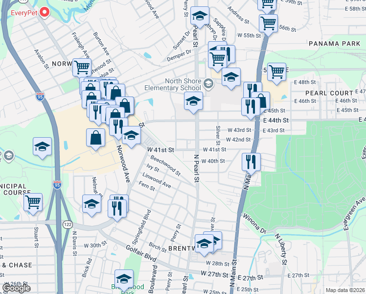 map of restaurants, bars, coffee shops, grocery stores, and more near 449 West 41st Street in Jacksonville