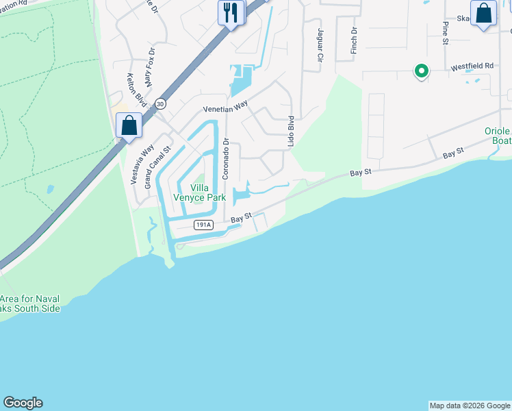 map of restaurants, bars, coffee shops, grocery stores, and more near 2756 Bay Street in Gulf Breeze