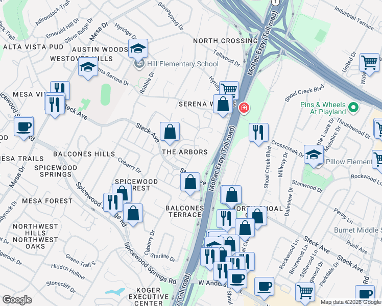 map of restaurants, bars, coffee shops, grocery stores, and more near 8222 Bent Tree Road in Austin