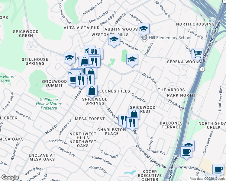 map of restaurants, bars, coffee shops, grocery stores, and more near 8022 Raintree Place in Austin