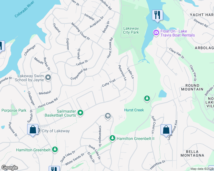 map of restaurants, bars, coffee shops, grocery stores, and more near 520 Cutty Trail in Lakeway