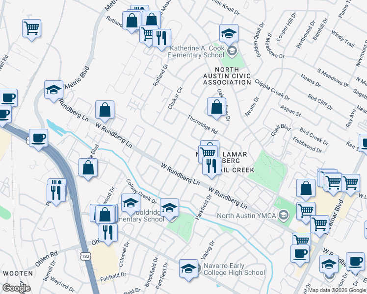 map of restaurants, bars, coffee shops, grocery stores, and more near 1501 Rutland Drive in Austin