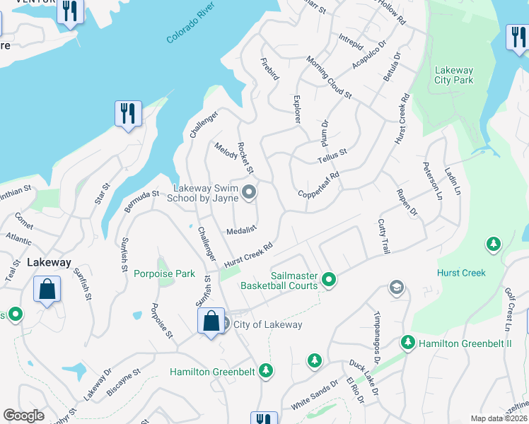 map of restaurants, bars, coffee shops, grocery stores, and more near 116 Medalist in Lakeway