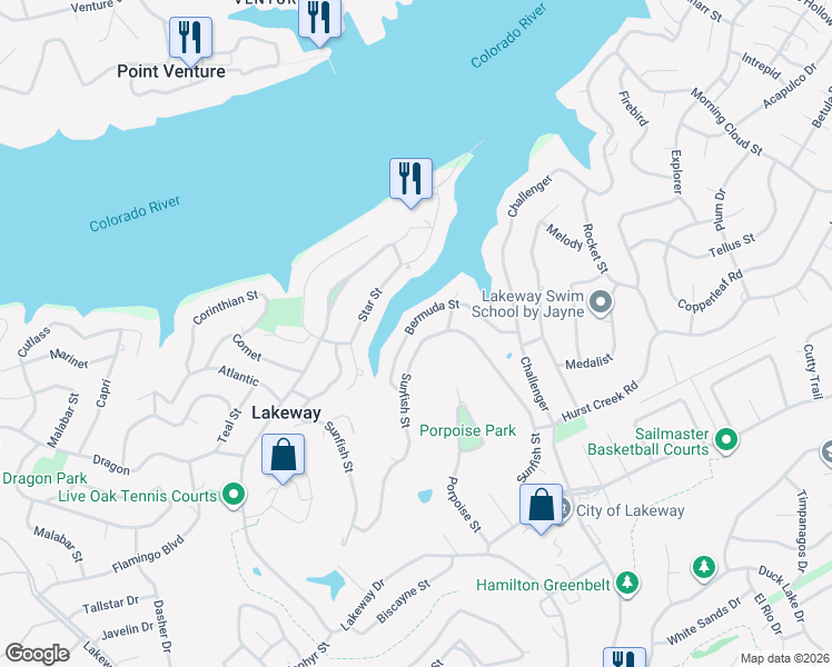 map of restaurants, bars, coffee shops, grocery stores, and more near 713 Sunfish Street in Lakeway