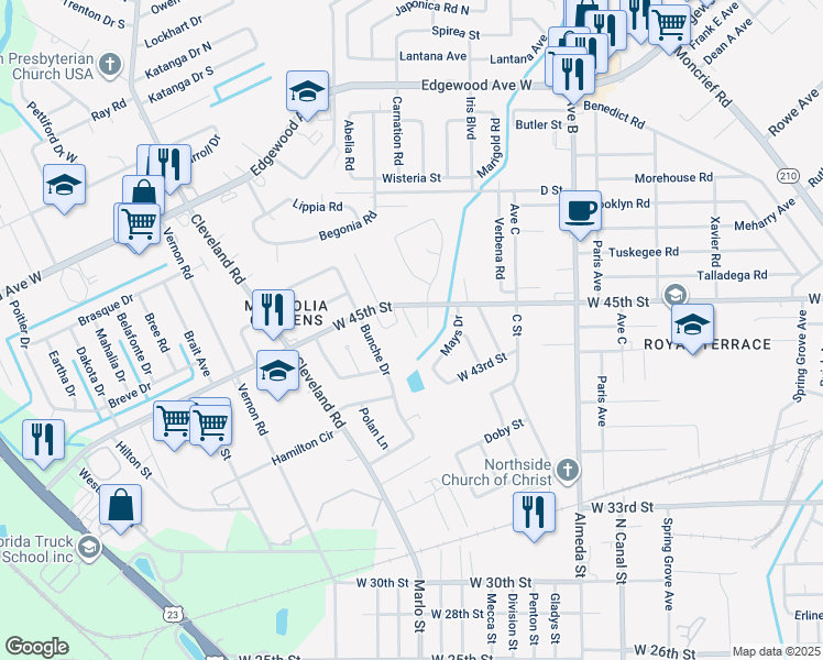 map of restaurants, bars, coffee shops, grocery stores, and more near 2584 West 45th Street in Jacksonville