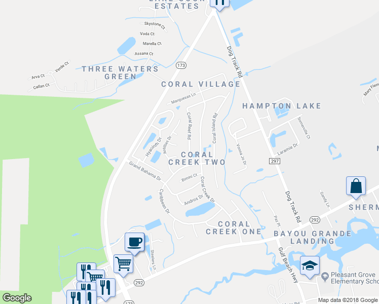 map of restaurants, bars, coffee shops, grocery stores, and more near 2035 Coral Reef Road in Pensacola