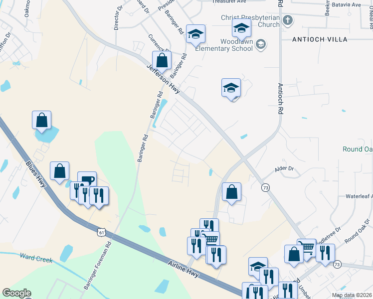 map of restaurants, bars, coffee shops, grocery stores, and more near 15735 Long Farm Road in Baton Rouge
